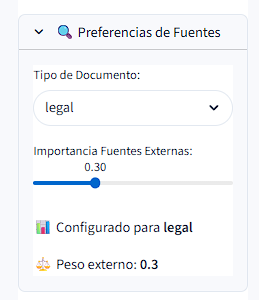 Panel de preferencias de fuentes documentales con selector de tipo y slider de fuentes externas